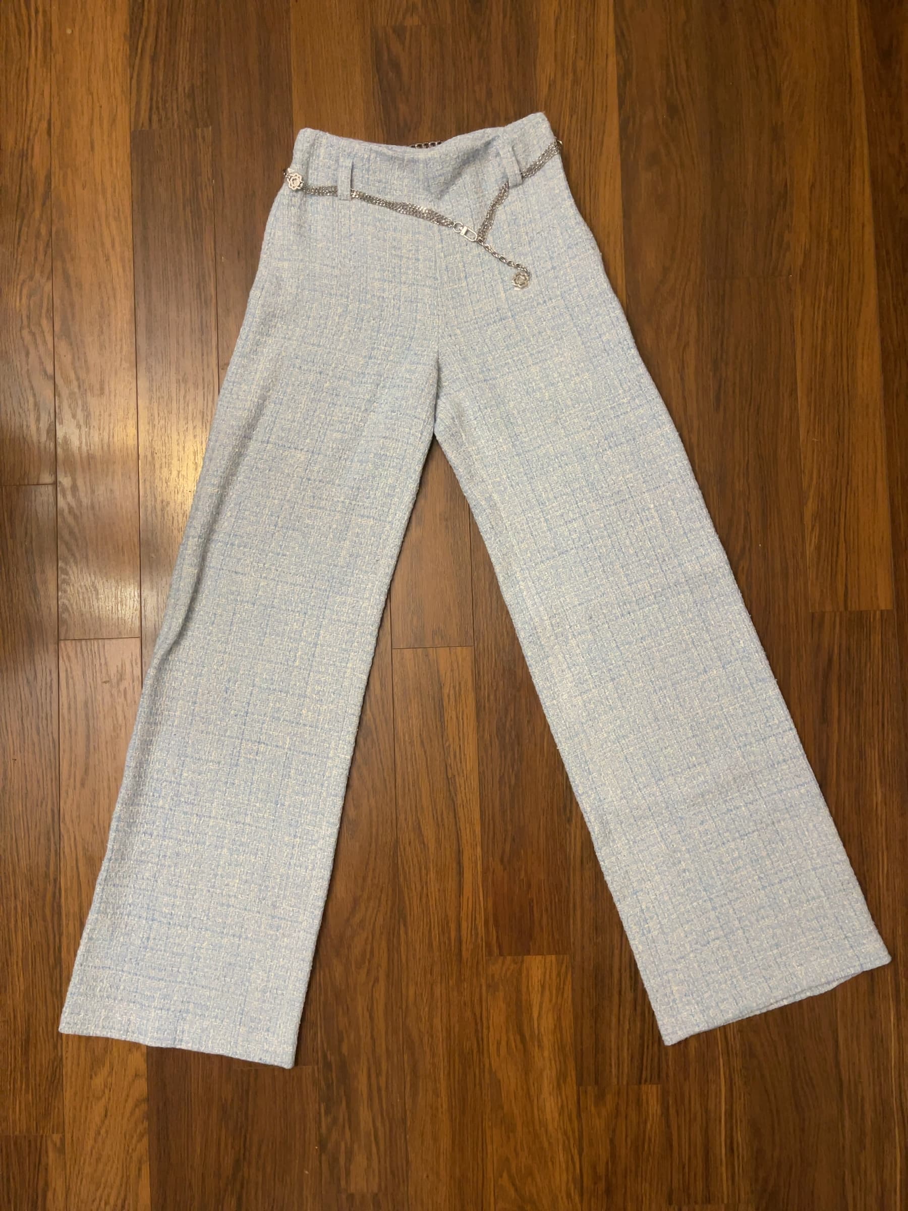 Maje Women's Light Blue Tweed Pants Size 36 with Chain Belt